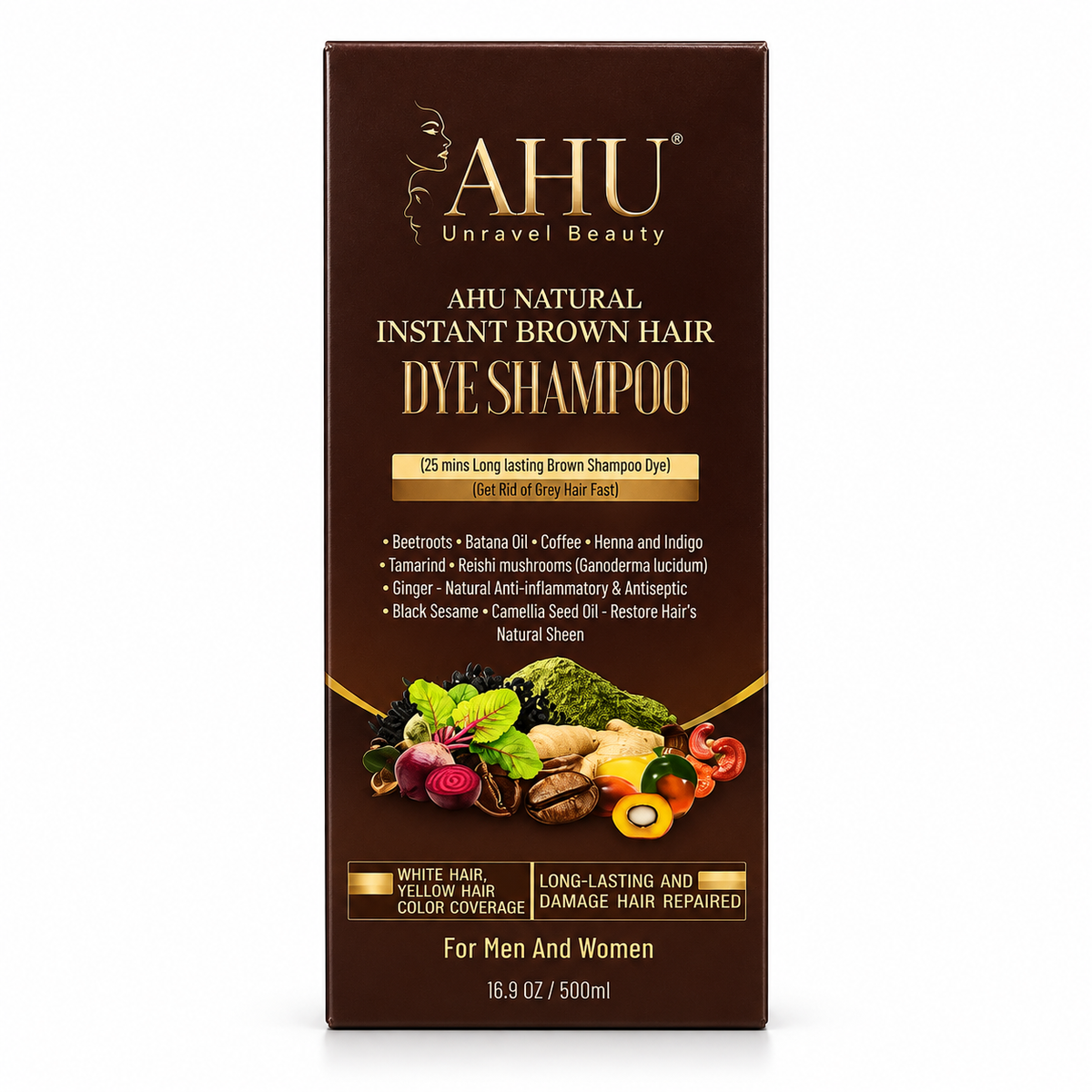 AHU Natural Instant Brown Hair Dye Shampoo (500ml)