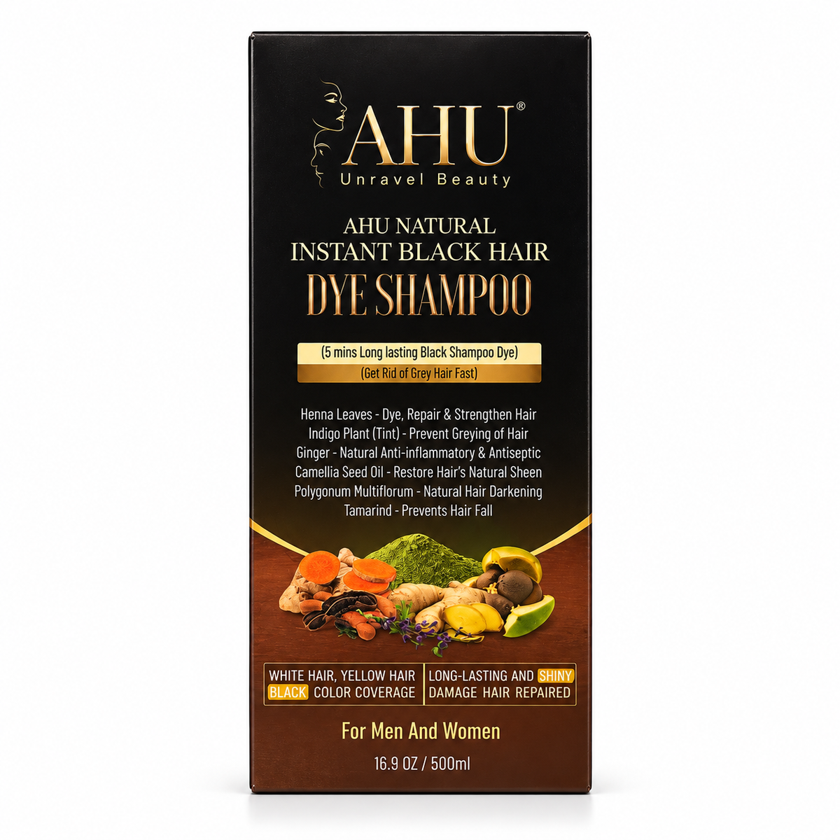 AHU Natural Instant Black Hair Dye Shampoo (500ml)