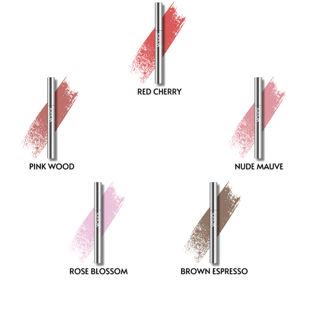 Samlad bild av Vouqi lipstain i alla tillgängliga färger placerade bredvid varandra